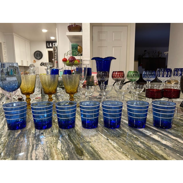 Glass 1950s Hazel Atlas Low Ball Cobalt Blue Tumblers With White Rings - Set of 7 For Sale - Image 7 of 9