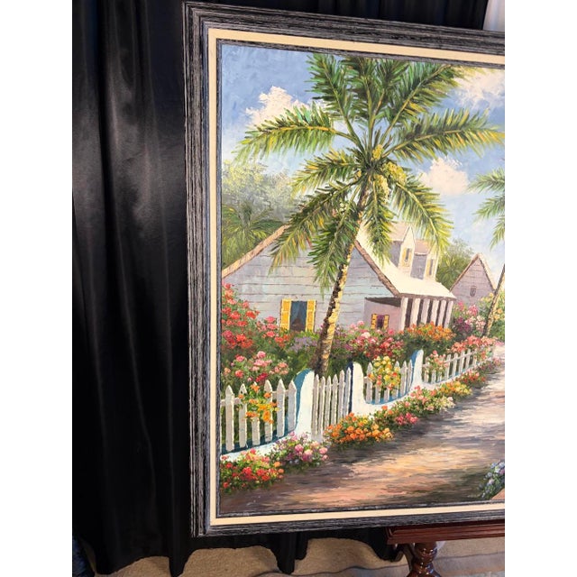 Late 20th Century Large Mid-Century Style Coastal Tropical Palm Tree Landscape Oil Painting - Framed Fine Art For Sale - Image 5 of 10