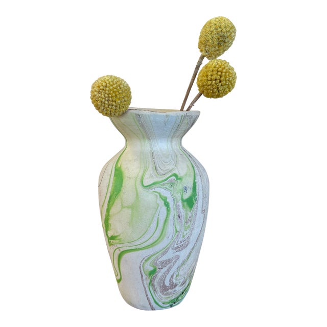 Vintage Studio Pottery Bud Vase With Green and Brown Marbled Glaze For Sale