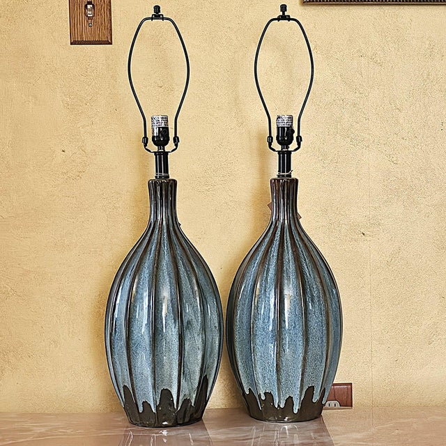Turquoise Turquoise Pottery Table Lamps – Mid‑Century Style, 32" - a Pair For Sale - Image 8 of 18