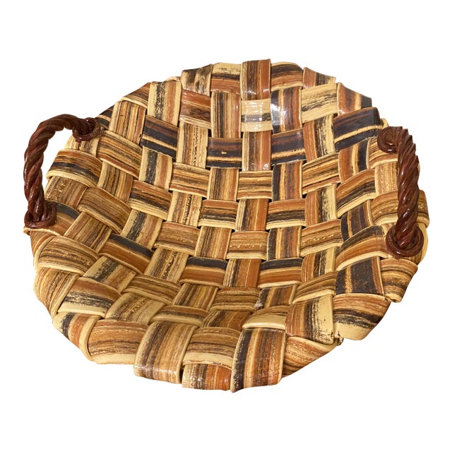 Large 1980s Artisan Woven Ceramic Decorative Fruit Bowl and Basket For Sale