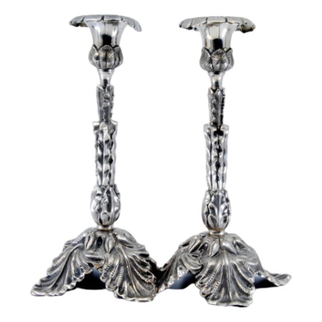 Silver Candlesticks Embossed with Acanthus Leaves and Resting on Three Feet, Set of 2 For Sale