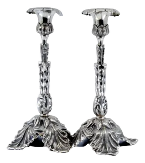 Silver Candlesticks Embossed with Acanthus Leaves and Resting on Three Feet, Set of 2