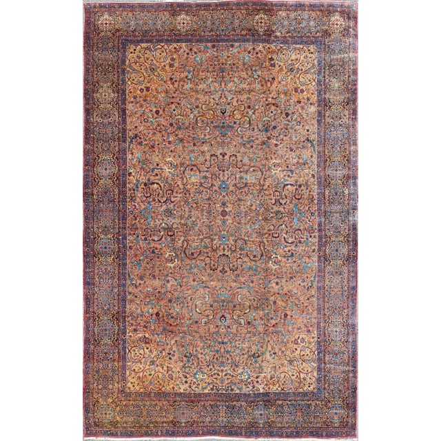 Classic Colorful Antique Large Lavar Kerman Rug in Salmon Background For Sale - Image 13 of 13