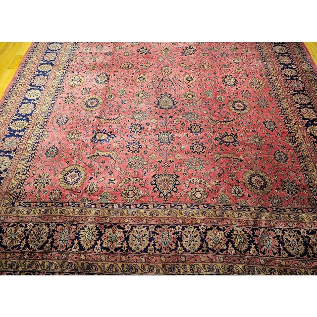 Vintage Oversize Tabriz Design Rug, Hand-Knotted Wool, Allover Geometric Pattern, Pale Red & Navy, 13x24 For Sale - Image 9 of 16