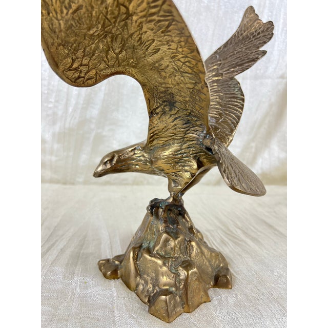 Vintage Solid Cast Brass Eagle Sculpture on Rocky Outcrop, 12” Tall For Sale In Portland, OR - Image 6 of 11