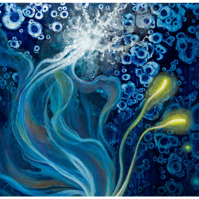 In "Electrogenesis," a vibrant fish swims through an ethereal underwater realm, its flowing fins and luminous tendrils...