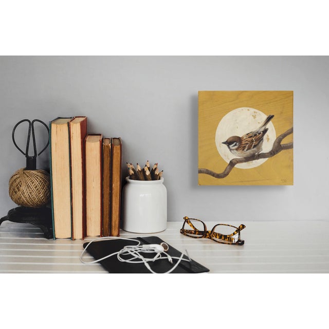 Early 21st Century Sparrow by Terra Novak | Oil on wood Painting of a sparrow perched on a branch with a moon background For Sale - Image 5 of 5