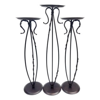 Hand Forged Iron Floor Pedestal Set of 3 (131cm & 115cm) Antique Bronze Finish Candle Holder & Plant Stand Floral Display For Sale