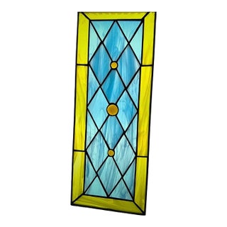 Vintage Geometric Leaded Stained Glass Panel With Opalescent Art Glass For Sale