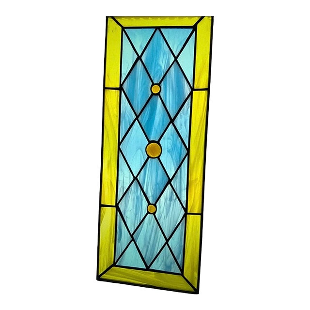 Vintage Geometric Leaded Stained Glass Panel With Opalescent Art Glass For Sale