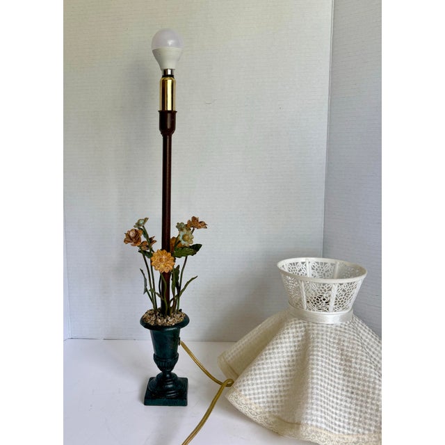 Vintage Tole Potted Floral Table Lamp With Urn Base & Ruffled Shade, 1970s For Sale - Image 12 of 12