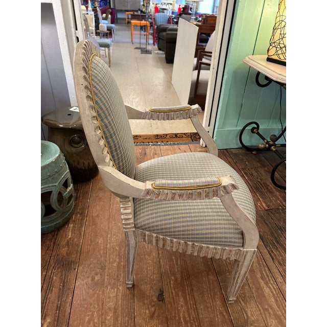 Carved Painted Wood French Country Upholstered Bergere Chairs - A Pair For Sale In Philadelphia - Image 6 of 14
