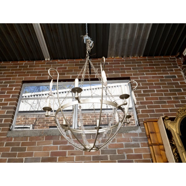 American Vintage Rock Crystal, Oyster and Steel Basket Six-Light Chandelier, US Wired For Sale - Image 3 of 12