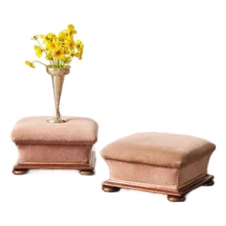 Pair of English Footstools on Wooden Feet and Rose Velvet Upholstery For Sale