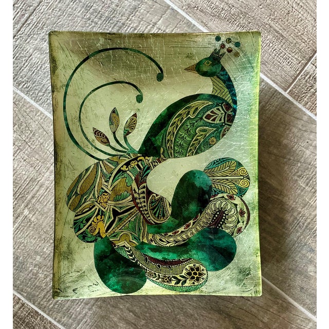 Whimsical Late 20th-Century Reverse Painted Glass Decorative Peacock Tray For Sale - Image 16 of 18