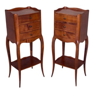 Pair of French Walnut Narrow Bedside Tables With Three Drawers For Sale