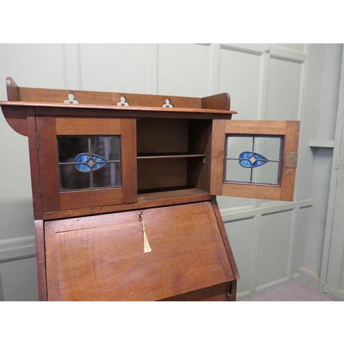 Arts & Crafts Golden Oak and Stained Glass Students Secretaire, 1880 For Sale - Image 3 of 8