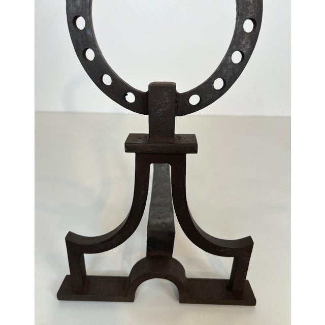 Pair of modernist wrought iron andirons in the style of Gilbert Poillerat For Sale - Image 10 of 12
