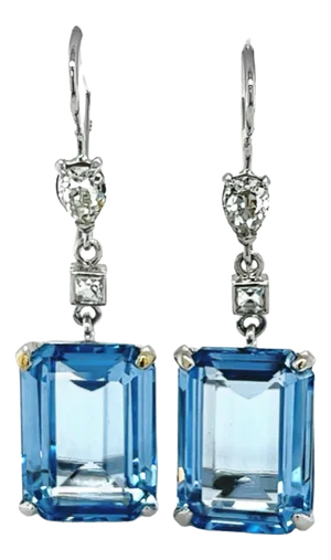 Mid 20th Century 18k White Gold Emerald Cut Spinel & Diamond Drop Earrings, A Pair