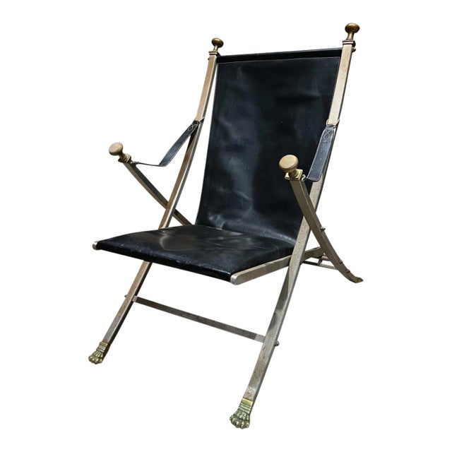 1970s Maison Jansen Campaign Leather Bronze Lounge Chair France For Sale