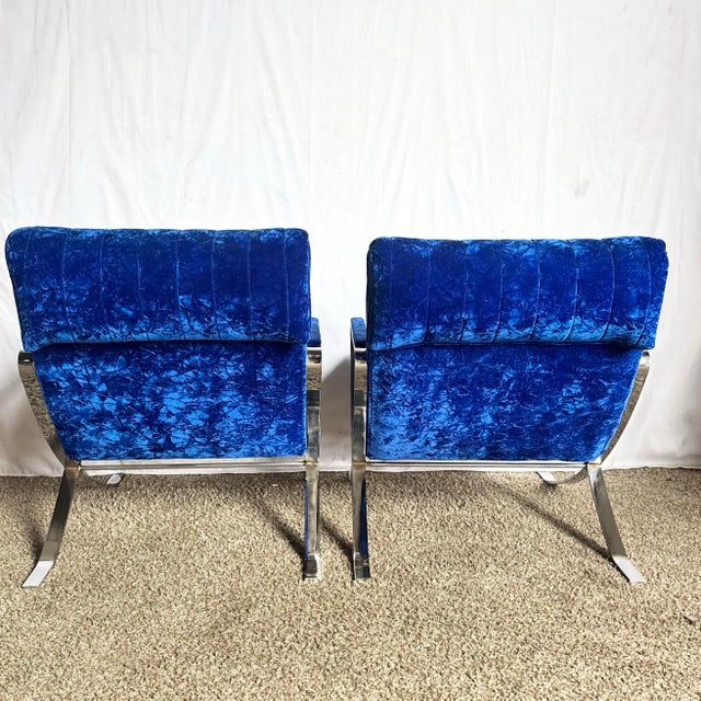 Blue Mid Century Modern Chrome Scissor X Lounge Chairs With Blue Fabric - A Pair For Sale - Image 8 of 12