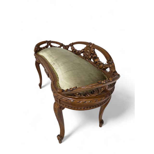 French Antique French Louis XVI Style Carved Walnut Window Bench For Sale - Image 3 of 5