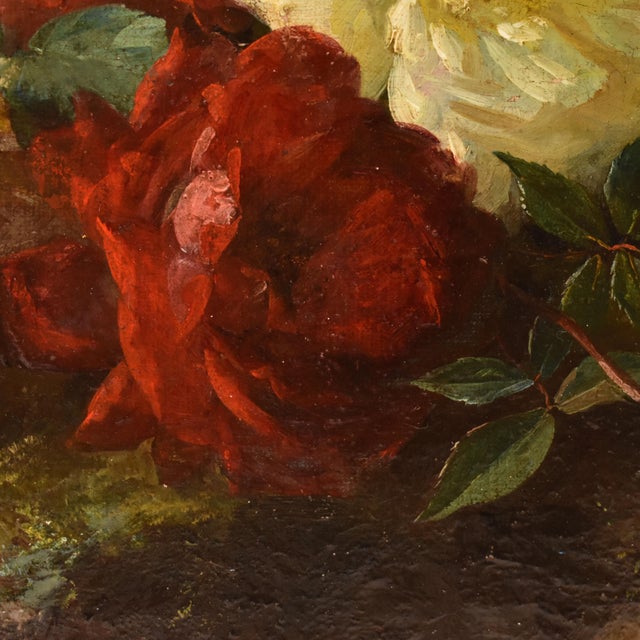 Jean-Marie Poy, Still Life Flowers Vase Red and White Roses, 1800s, Oil on Canvas For Sale - Image 8 of 11