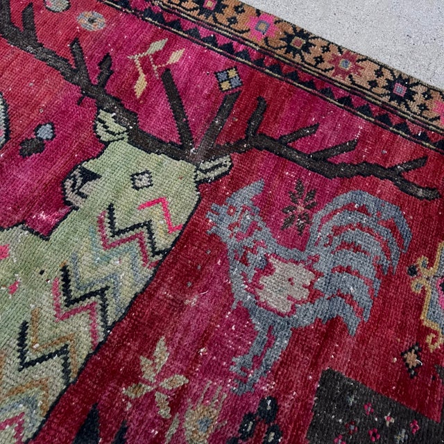 Textile Antique Early 1900s Karabagh Rug, Handwoven Caucasian Wool Rug With Vibrant Deer & Floral Motifs, 4x9 Vintage Runner For Sale - Image 7 of 10