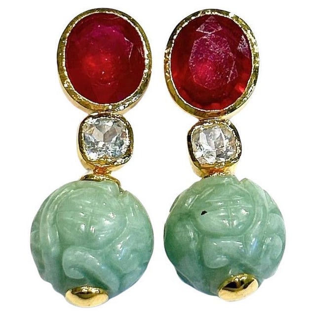 Bochic "Orient" Vintage Ruby, Topaz & Jade Earrings - 18K Gold & Silver For Sale In New York - Image 6 of 6