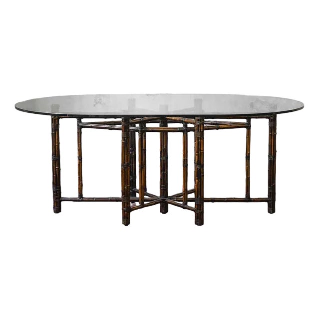 Large Oval Table in Rattan with Leather Bindings and Glass Top from Mc Guire, San Francisco, 1970s For Sale