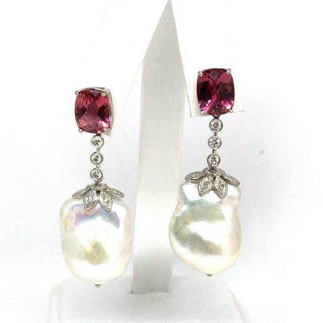 Traditional Diamond Rubellite Tourmaline Pearl Earrings 18k Gold 6.25 TCW Certified For Sale - Image 3 of 12