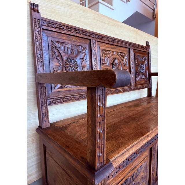 Brown 19th Spanish Carved Large Hall Bench with Storage For Sale - Image 8 of 18