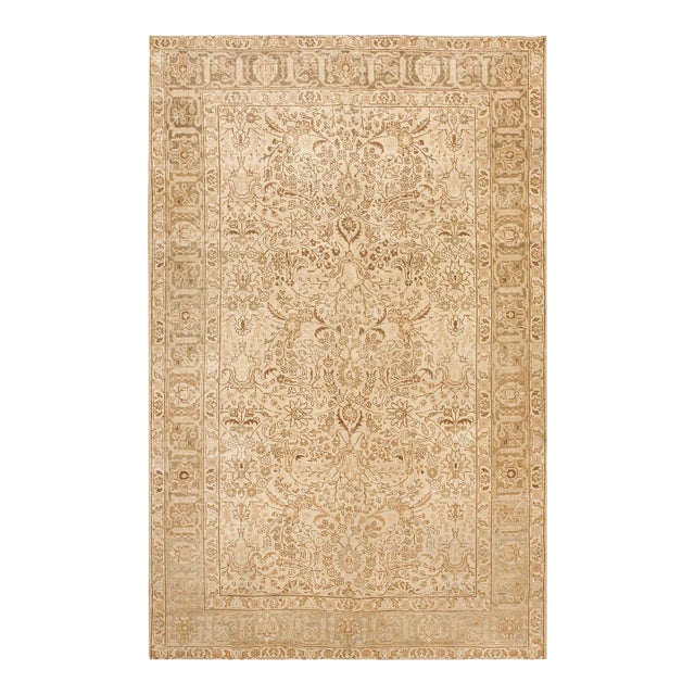 1930s Tan Sand Medallion Antique Persian Tabriz Rug 6'6" X 10' Handknotted Wool Carpet For Sale