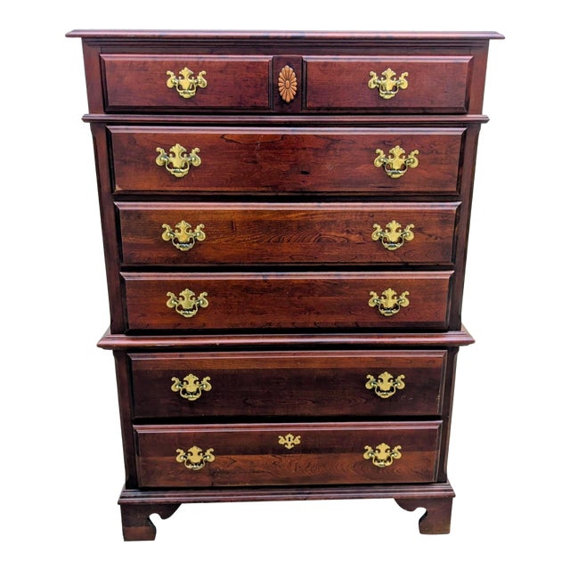 Late 20th Century Pennsylvania House Medallion Collection Solid Cherry Hardwood High Chest Georgian Chippendale Dresser For Sale