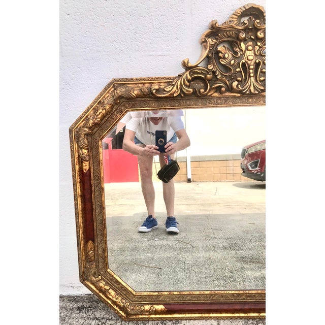 Large Vintage Mid Century Red Column Gold Gilt Beveled Glass Hanging Wall Mirror For Sale - Image 4 of 11