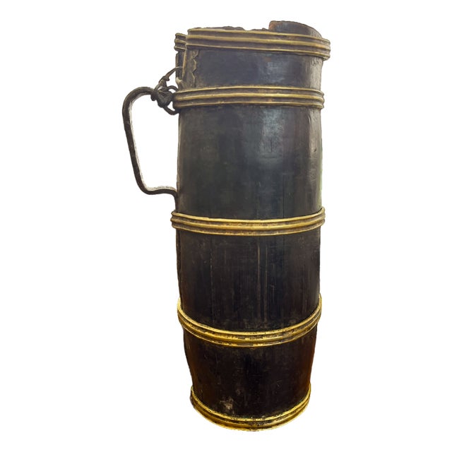 Antique Stave-Built Wooden Flagon / Tankard With Iron Handle – Primitive Folk Art Vessel For Sale