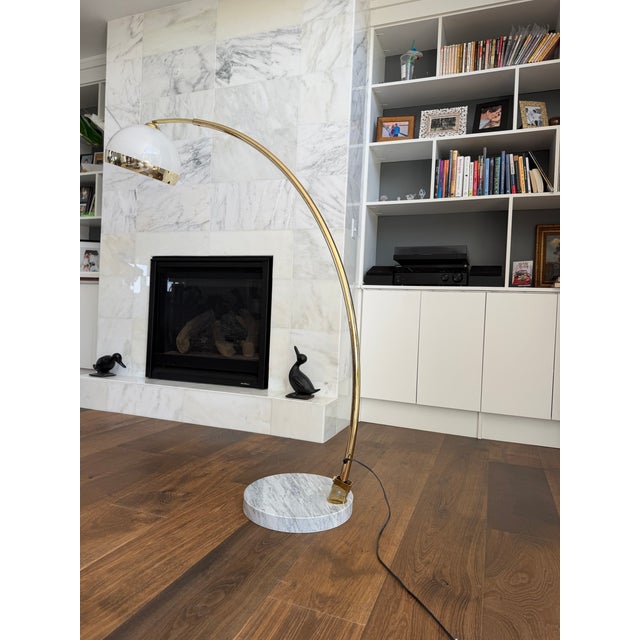 Vintage Italian Modern Brass Adjustable Arc Floor Lamp With Carrara Marble Base & Ribbed Acrylic Dome Shade For Sale - Image 6 of 9