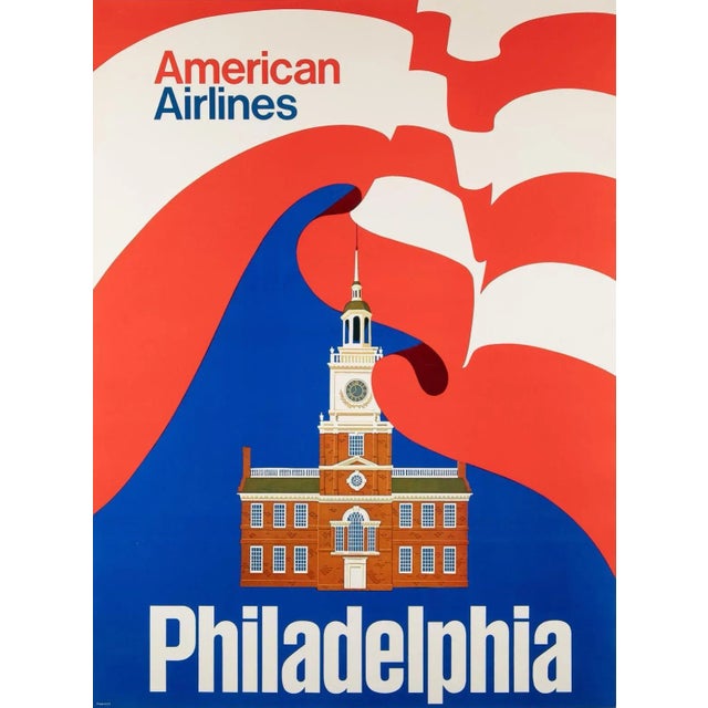 Mid-Century Modern "Philadelphia" Vintage American Airlines Travel Poster, Circa 1960s For Sale - Image 3 of 4