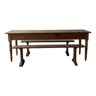 Antique Farmhouse Table and Benches in Cherry Wood, 1850s, Set of 3 For Sale