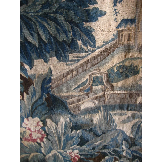 French Aubusson Signed Verdure Dog Hunting a Duck Red Flowers Borders Circa 1700 Hundreds For Sale - Image 4 of 18