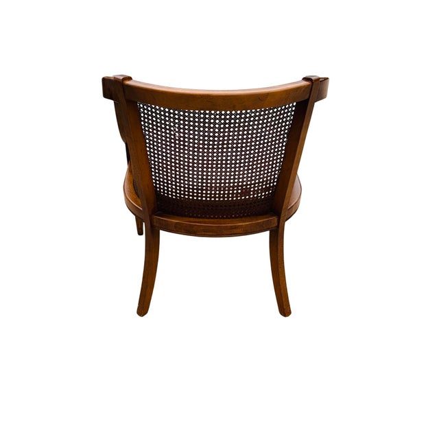 Wood Vintage Mid-Century Modern Cane Barrel-Back Armchair | Hollywood Regency Neoclassical Revival | Tufted Pink Plaid Upholstery For Sale - Image 7 of 18