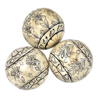 Vintage Camel Bone Inlay Mosaic Decorative Spheres – Hand Carved Set of 3 For Sale