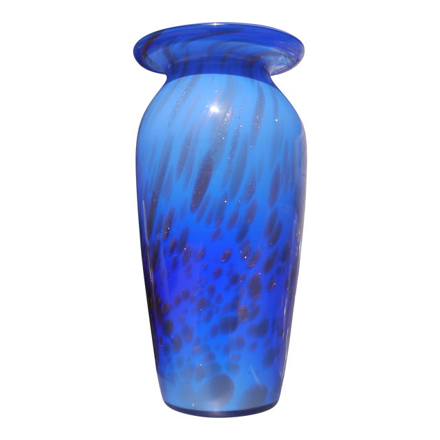 Contemporary Blue Ombre Art Cased Glass Vase With Gold Glitter Drip Swirl Accents Hand Blown For Sale