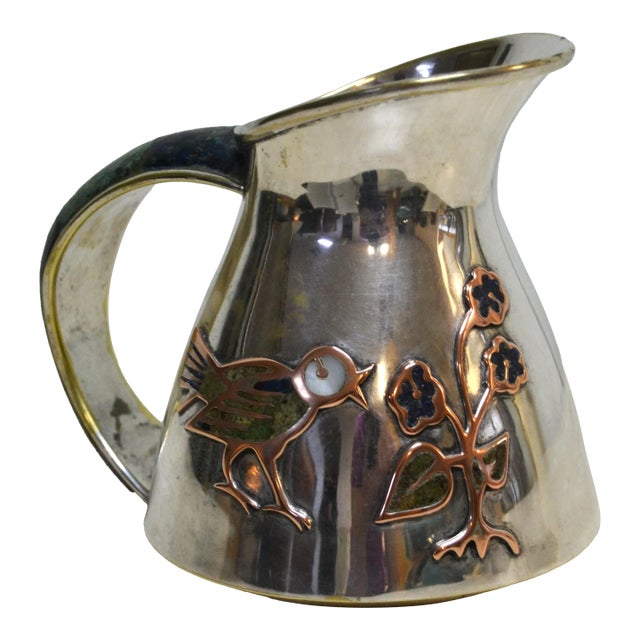 1960s Los Castillo Taxco Silver Plate Jug Pitcher With Stone Decor Bird Flowers For Sale