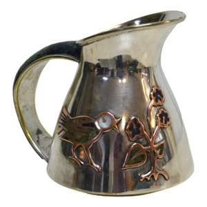 1960s Los Castillo Taxco Silver Plate Jug Pitcher With Stone Decor Bird Flowers