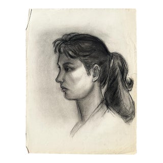 Donna Foreman Hopper Original Charcoal Portrait Woman With Ponytail 1950s For Sale