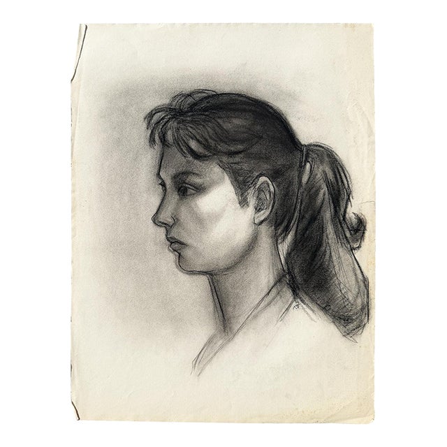 Donna Foreman Hopper Original Charcoal Portrait Woman With Ponytail 1950s For Sale