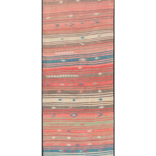 Tribal Coral Blue and Beige Striped Vintage Turkish Kilim Handwoven Wool Runner For Sale - Image 3 of 12