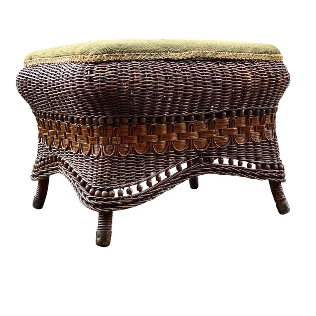 Brown Antique Heywood Wakefield Wicker Foot Stool Ottoman For Sale - Image 8 of 16